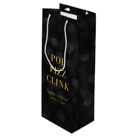 Sac Cadeau Pour Bouteille Dark Bokeh Faux Gold Pop Fizz Clink (Devant Angle)