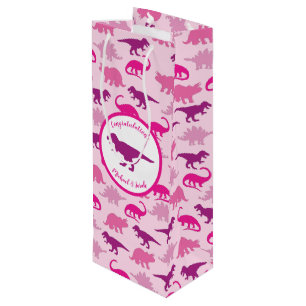 Sac Cadeau Pour Bouteille Dinosaur Baby shower Dino Rose Girl