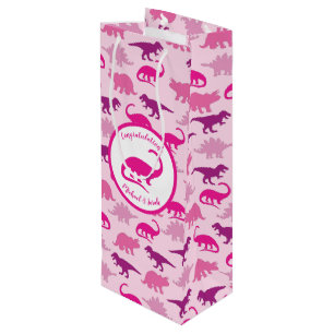 Sac Cadeau Pour Bouteille Dinosaur Baby shower Dino Rose Girl