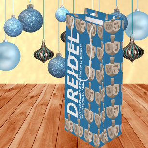 Sac Cadeau Pour Bouteille Dreidel Rustic Chêne Amusant Bleu Et Blanc Hanoukk