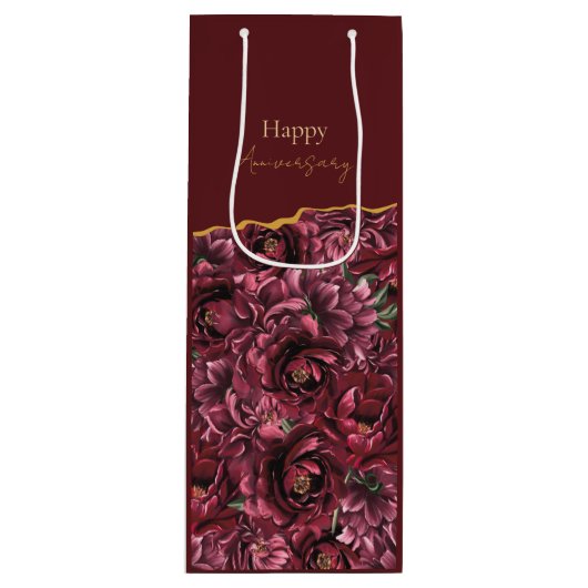Sac Cadeau Pour Bouteille Élégance des fleurs bordeaux avec accent or (Devant)