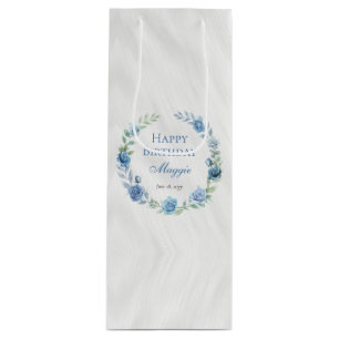 Sac Cadeau Pour Bouteille Elégant Floral Bleu Joyeux anniversaire