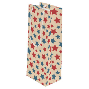 Sac Cadeau Pour Bouteille Étoiles rouges et bleues, 4 juillet, fond beige
