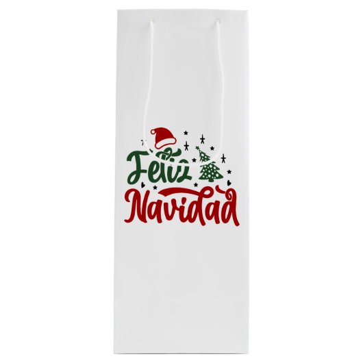 Sac Cadeau Pour Bouteille Festive Rouge et Vert Feliz Navidad (Devant)
