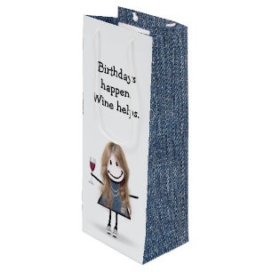 Sac Cadeau Pour Bouteille Figure Anniversaire fille avec verre à vin