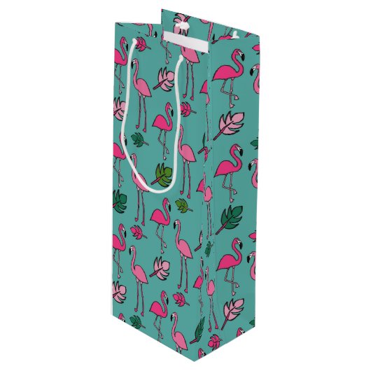 Sac Cadeau Pour Bouteille Flamant rose en bleu (Devant Angle)