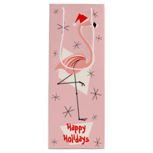 Sac Cadeau Pour Bouteille Flamant rose Père Noël Pink Vin de Joyeux Vacanc