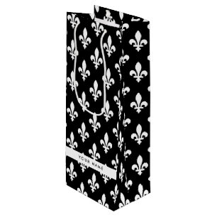 Sac Cadeau Pour Bouteille Fleur de Lis, Blanc sur Noir, Blanc, Votre Nom