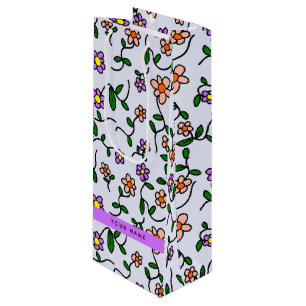 Sac Cadeau Pour Bouteille Fleurs Colorées, Fond Bleu, Violet