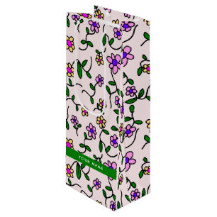 Sac Cadeau Pour Bouteille Fleurs Colorées, Fond Rose, Vert