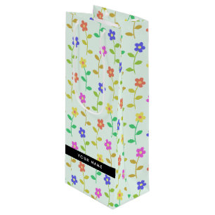 Sac Cadeau Pour Bouteille Fleurs colorées, fond vert clair, noir
