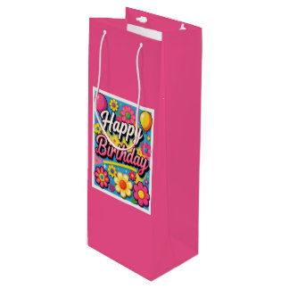 Sac Cadeau Pour Bouteille Fleurs et ballons joyeux d'anniversaire lumineux