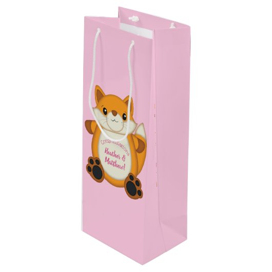 Sac Cadeau Pour Bouteille Fox Baby shower rose (Devant Angle)