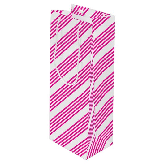 Sac Cadeau Pour Bouteille Fuchsia et blanc cinq bandes motif (Devant Angle)