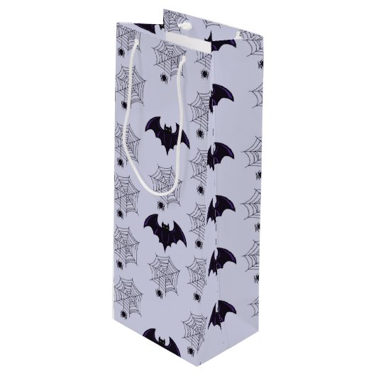SAC CADEAU POUR BOUTEILLE GRAY & NOIR HALLOWEEN SPIDER WEBS BATS (Devant Angle)