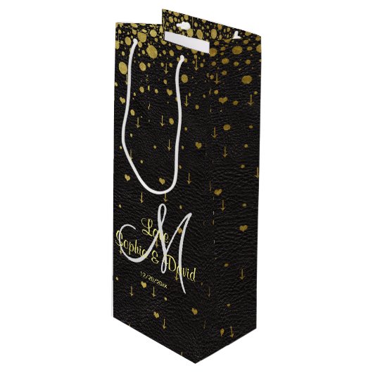 Sac Cadeau Pour Bouteille Invitations pour mariages | Monogramme Gold Confet (Devant Angle)