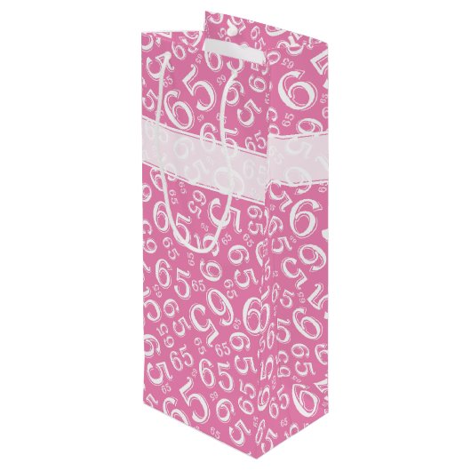 Sac Cadeau Pour Bouteille Joyeux 65e anniversaire Numéro Motif rose et blanc (Dos Angle)