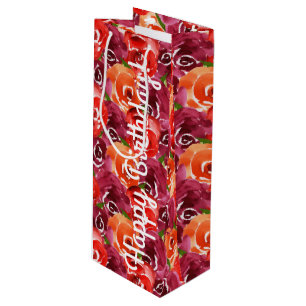 Sac Cadeau Pour Bouteille Joyeux Anniversaire Fleurs d'aquarelle brillante