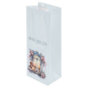 Sac Cadeau Pour Bouteille Joyeux Anniversaire Hiver Bleu rose Vitre victorie