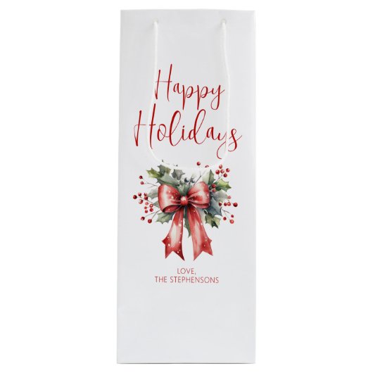 Sac Cadeau Pour Bouteille Joyeux Jours de Vacances Moderne Script Holly Bow  (Devant)