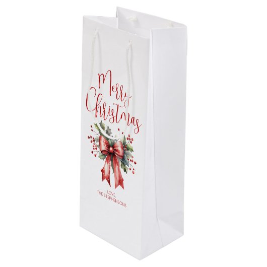Sac Cadeau Pour Bouteille Joyeux Noël moderne Script Holly Bow Nom (Devant Angle)