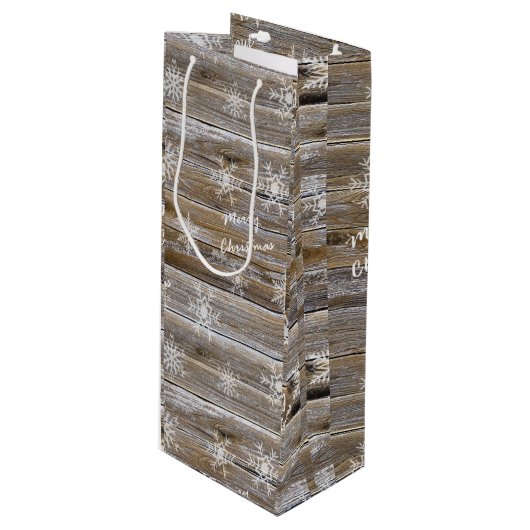 Sac Cadeau Pour Bouteille Joyeux Noël Rustique Bois et Snowflakes Rustique (Devant Angle)