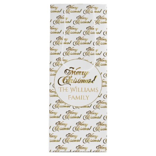 Sac Cadeau Pour Bouteille Joyeux Noël Script Elegant Blanc et Or (Devant)