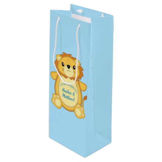 Sac Cadeau Pour Bouteille Lion Baby shower bleu (Devant Angle)