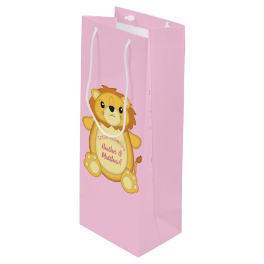 Sac Cadeau Pour Bouteille Lion Baby shower rose (Devant Angle)