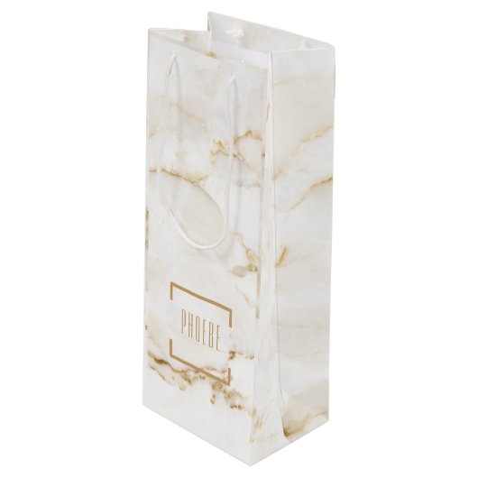 Sac Cadeau Pour Bouteille Marbre à effet doré avec nom personnalisé (Devant Angle)