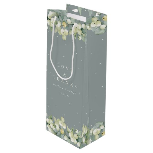 Sac Cadeau Pour Bouteille Mariage d'hiver Seafoam Green Snowberry+Eucalyptus (Devant Angle)