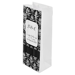 Sac Cadeau Pour Bouteille Mariage personnalisé noir et blanc damassé