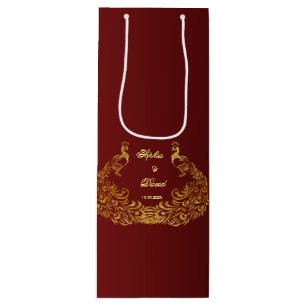 Sac Cadeau Pour Bouteille Mariage Royal Burgundy Gold Peacock