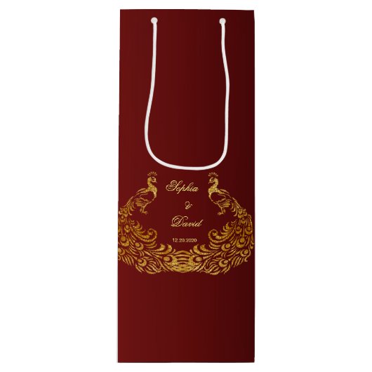 Sac Cadeau Pour Bouteille Mariage Royal Burgundy Gold Peacock (Devant)