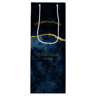 Sac Cadeau Pour Bouteille Marine Blue Gold Foil Agate Mariage Félicitations
