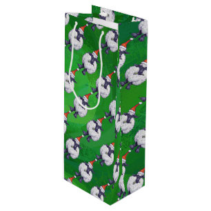 Sac Cadeau Pour Bouteille Mignonne mouton à Santa Chapeau sur vert