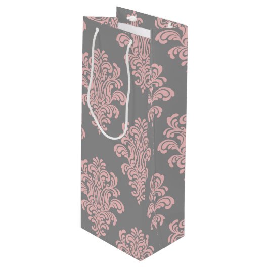 Sac Cadeau Pour Bouteille Modèle Damas rose et gris (Devant Angle)