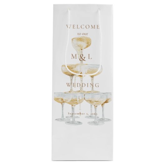 Sac Cadeau Pour Bouteille Monogramme Mariage Champagne Tower Gold (Devant)