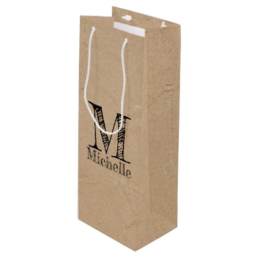 Sac Cadeau Pour Bouteille Monogramme Rustique Kraft papier Brown Look (Devant Angle)