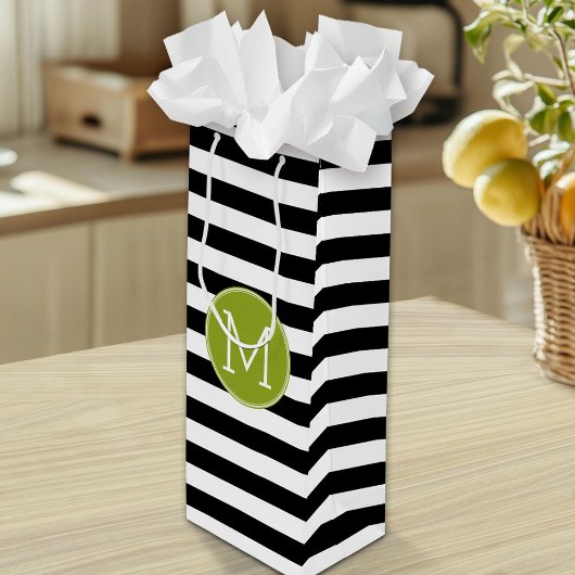 Sac Cadeau Pour Bouteille Monogramme vert Motif rayé noir et blanc