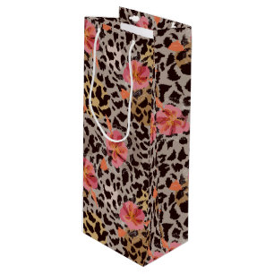 Sac Cadeau Pour Bouteille Motif animalier léopard Fleurs roses tropicales