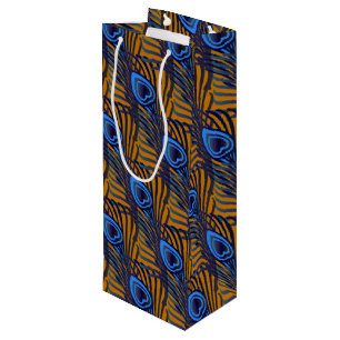 Sac Cadeau Pour Bouteille Motif de plumes de paon bleu et orange de minuit
