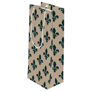 Sac Cadeau Pour Bouteille Motif Fleur de Lis, Vert Royal Français sur Crème