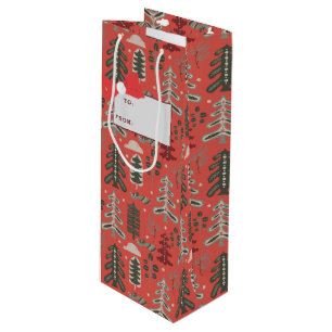 Sac Cadeau Pour Bouteille Motif Nordic Green et White Tree en rouge