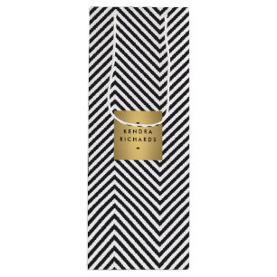 Sac Cadeau Pour Bouteille Motif rétro noir et blanc Nom doré Logo Vin 