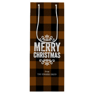 Sac Cadeau Pour Bouteille Noël rustique à carreaux buffle marron et noir