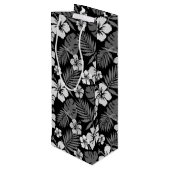 SAC CADEAU POUR BOUTEILLE NOIR AVEC FLEURS HIBISQUES BLANCHES TROPICALES (Dos Angle)