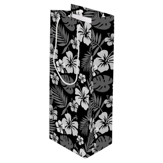 SAC CADEAU POUR BOUTEILLE NOIR AVEC FLEURS HIBISQUES BLANCHES TROPICALES (Devant Angle)