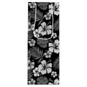 SAC CADEAU POUR BOUTEILLE NOIR AVEC FLEURS HIBISQUES BLANCHES TROPICALES (Devant)