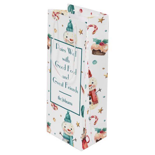 Sac Cadeau Pour Bouteille Nom, Snowman & Candy Holiday (Devant Angle)